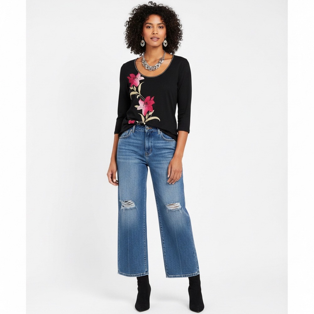 Axcess Liz Claiborne Womens Black Mesh Floral Lily Rhinestone Scoop Neck Top